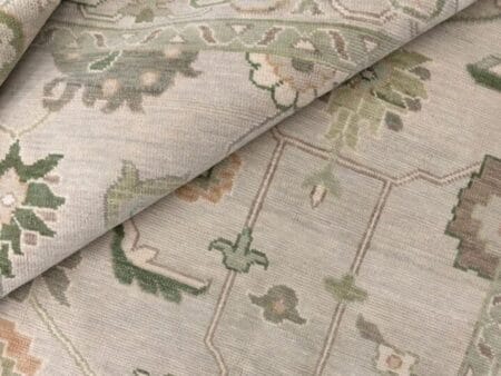 Hand Knotted Ivory Oushak Wool Area Rug Vintage Turkish Floral Rug