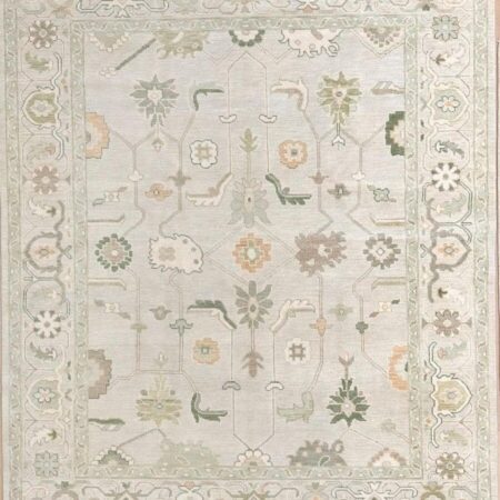 Hand Knotted Ivory Oushak Wool Area Rug Vintage Turkish Floral Rug
