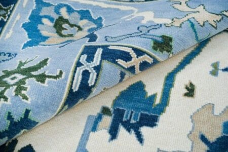 Hand Knotted Oushak Wool Area Rug Light Blue Vintage Turkish Floral Rug