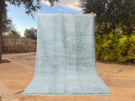 Hand Knotted Moroccan Wool Area Rug Minimalist Sky Blue Berber Design