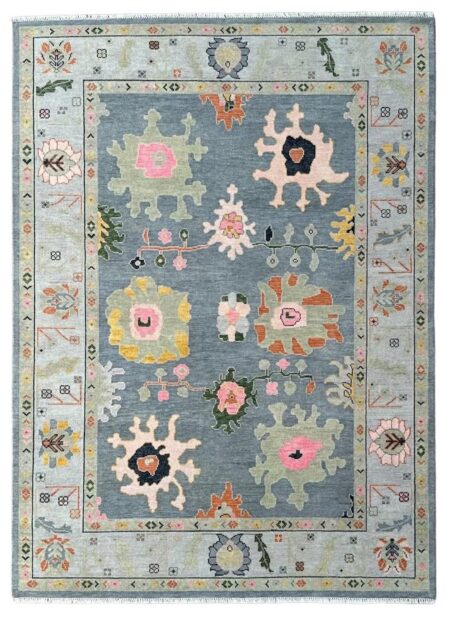 Hand Knotted Grey Oushak Wool Area Rug Vintage Turkish Floral Rug