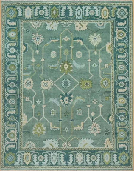 Hand Knotted Oushak Wool Area Rug Teal Green Traditional Floral Design