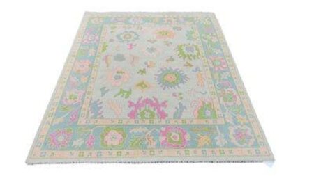 Hand Knotted Grey Oushak Wool Area Rug Vintage Turkish Floral Rug