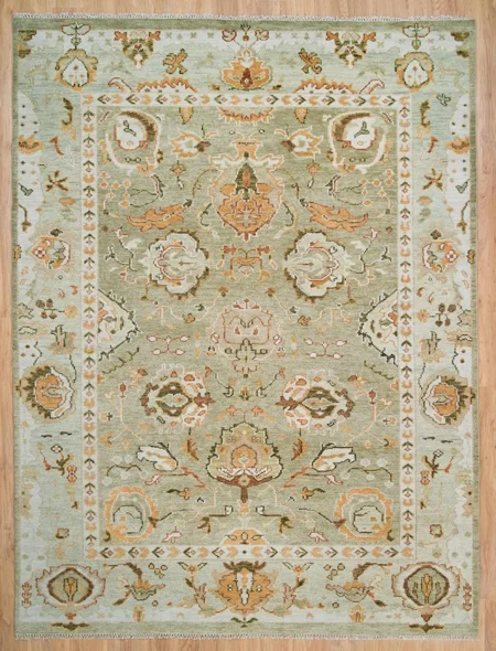 Hand Knotted Oushak Wool Area Rug Sage Green Traditional Floral Design