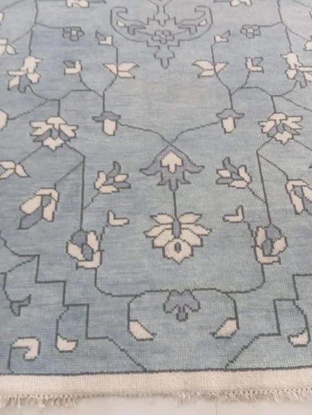 Hand Knotted Oushak Wool Area Rug Sky Blue Traditional Floral Design