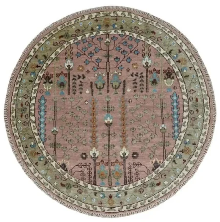 Hand Knotted Oushak Wool Area Rug Blush Pink Floral Garden