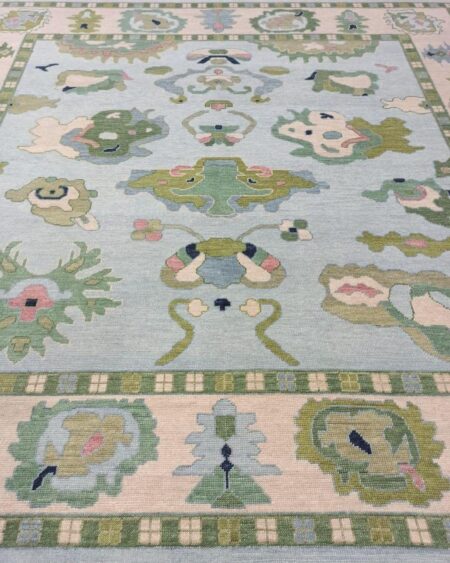 Hand Knotted Sky Blue Oushak Wool Area Rug Vintage Turkish Floral Rug