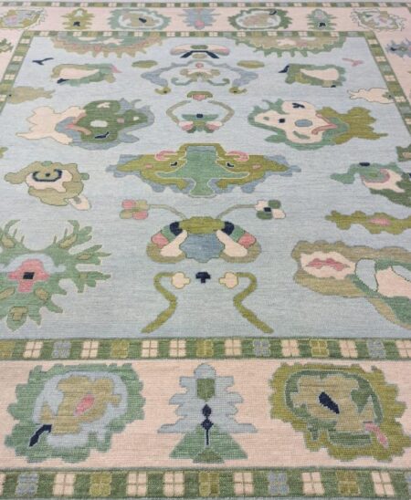 Hand Knotted Sky Blue Oushak Wool Area Rug Vintage Turkish Floral Rug
