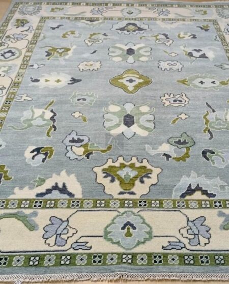 Hand Knotted Sky Blue Oushak Wool Area Rug Vintage Turkish Floral Carpet in Olive & Ivory