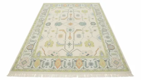 Hand Knotted Oushak Wool Area Rug Ivory Floral Border