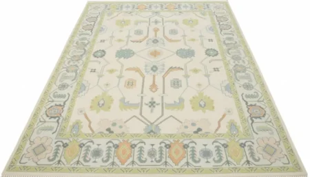 Hand Knotted Oushak Wool Area Rug Ivory Floral Border