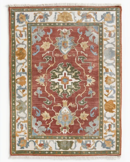 Hand Knotted Traditional Oushak Wool Area Rug Rust Red Ivory