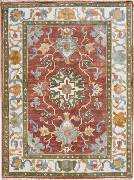 Hand Knotted Traditional Oushak Wool Area Rug Rust Red Ivory