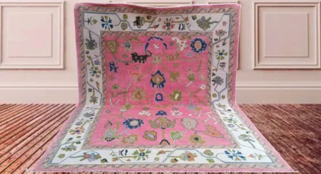 Hand Knotted Pink Oushak Wool Area Rug Vintage Turkish Floral Rug